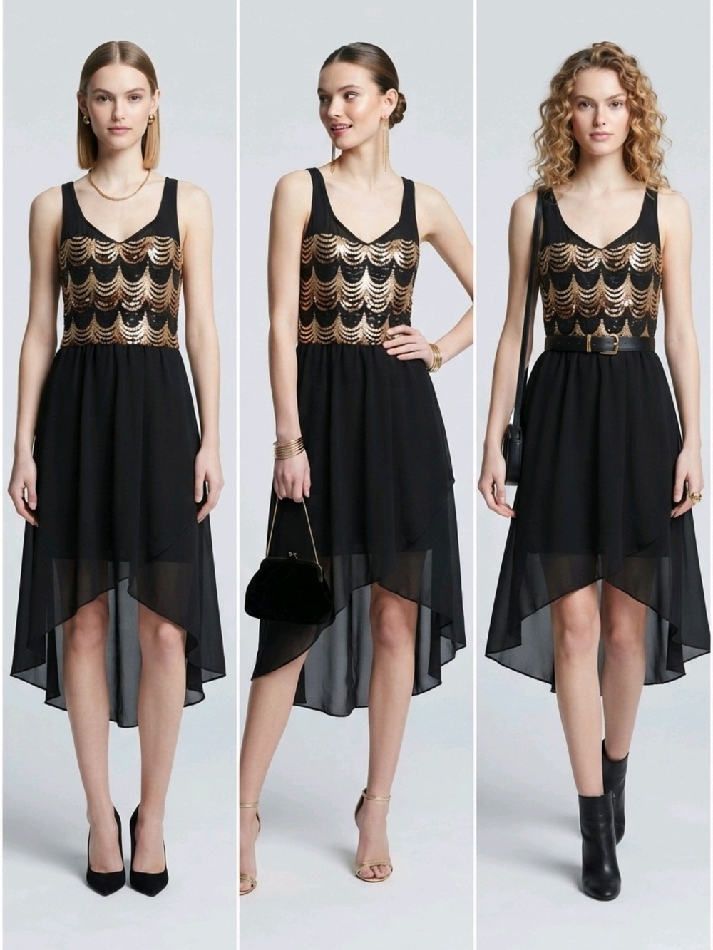 AUW Black High-Low Dress with Gold Sequin Bodice